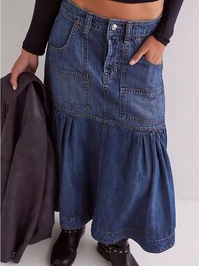 Sold Out! Free People We The Free Now And Then Denim Midi Skirt Sz 2 Boho